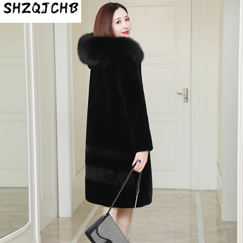 

SHZQ новая женская одежда из натурального меха «Все в одном» теплое меховое пальто с капюшоном и воротником из лисьего меха средней и длинной