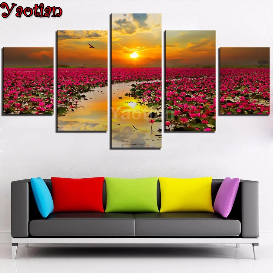 

5 шт. алмазов embroideryLotus озеро пейзаж закат 3d diy алмазная живопись полный Круглая Мозаика вышивка крестиком комплект Декор настенная живопись
