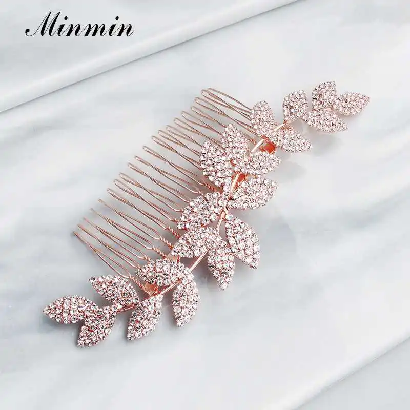 Уникальные свадебные гребни Minmin в форме листа с кристаллами Rosegold стразы