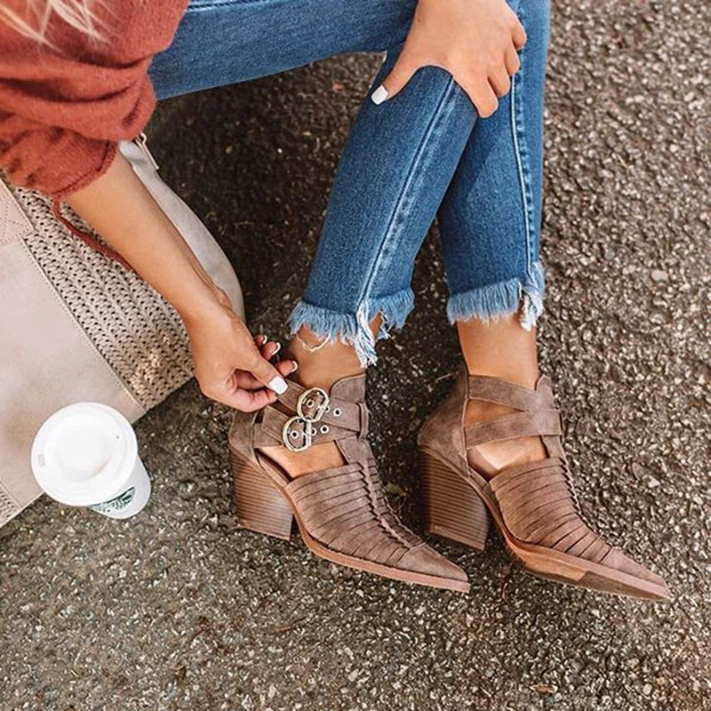 PUIMENTIUA/женские ботильоны с острым носком обувь из искусственной кожи на низком