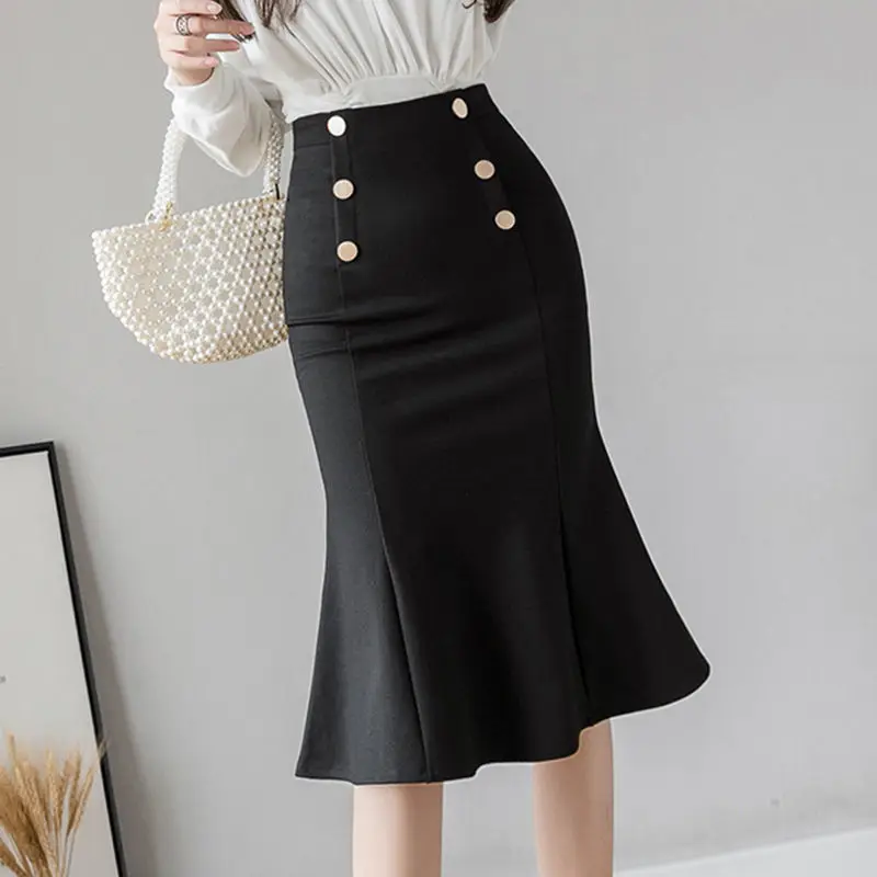 

2021 Spring Summer Women Fashion Office Lady Ruffles Red Apricot Black Skirt High Waist Fishtail Midi Skirts Jupe Femme Y925