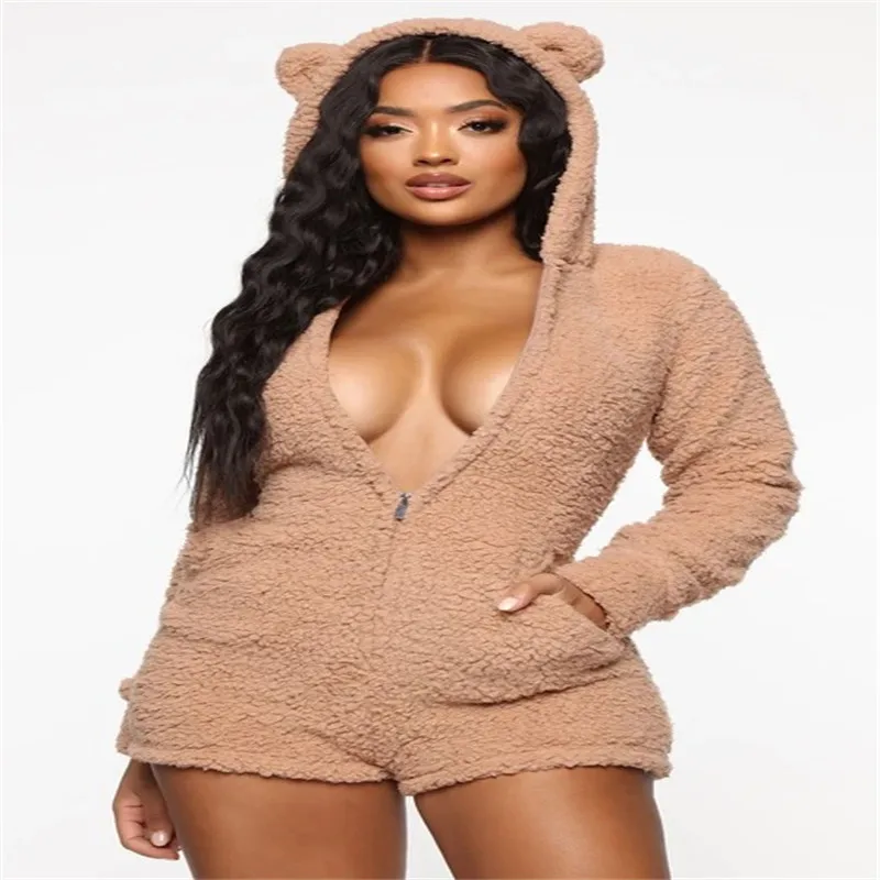 

Модная женская осенне-зимняя одежда для сна с мультяшным медведем, однотонная плюшевая пижама с длинными рукавами, карманами, пушистый комб...