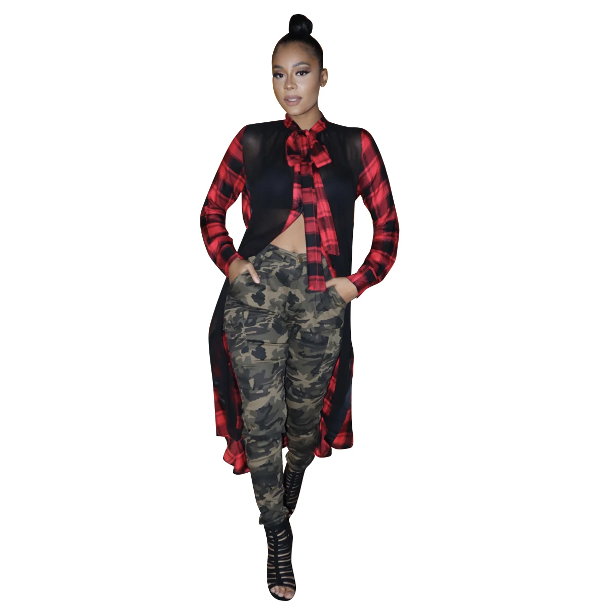 

Women's Casual Plaid Mesh Splicing Mid Dress with Belt