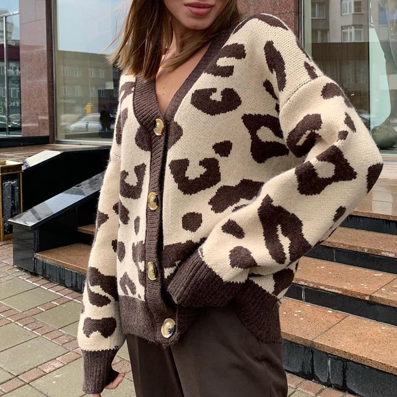 

2022 Autumn Winter Leopard Print Cardigan Women Knitted Sweater V-neck Female Loose Button Coat Warm Cardigan for Women Outwear