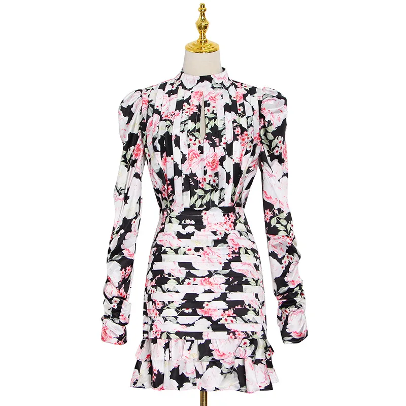 

Winter new fashion temperament holiday wind collar leg of lamb sleeve hollow print hem fishtail short dress