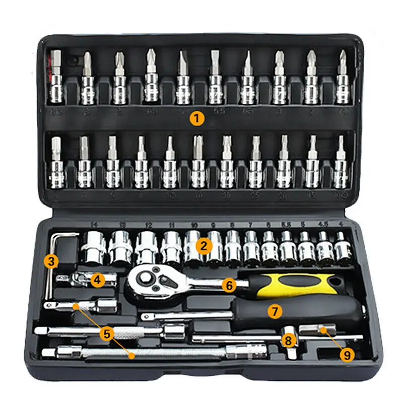 

46pcs/set Wrench Socket Screwdriver 1/4 "auto Repair Tool Ratchet Wrench Socket Kit With Plastic Storage Case