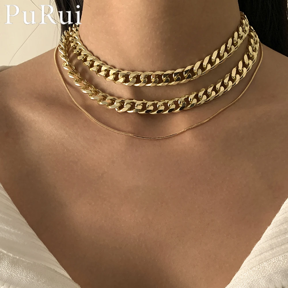 

Vintage 3Pcs/Set Punk Rock Chunky Aluminium Chain Necklace for Women Gold Color Thick Linked Choker Collar Clavicle Neck Jewelry