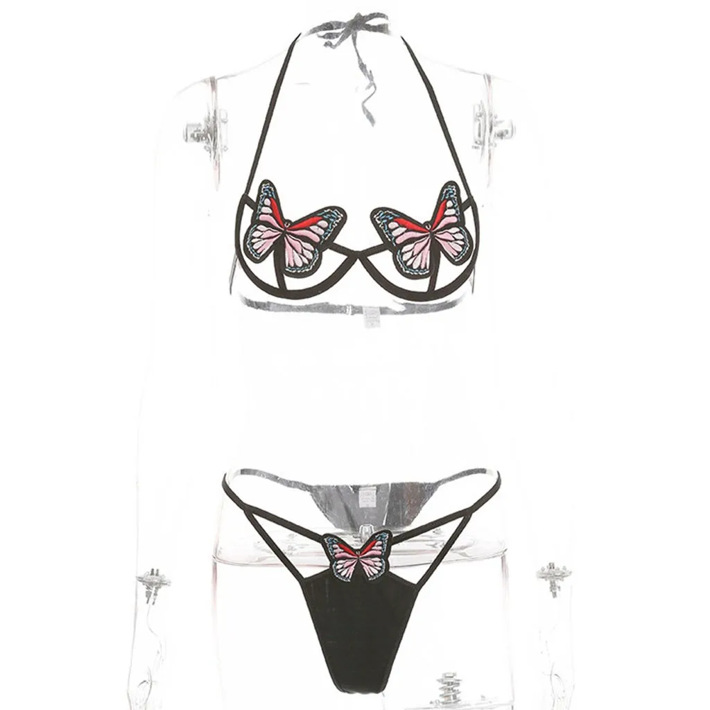 Комплект милого нижнего белья с вышивкой бабочки бюстгальтер бантом стринги