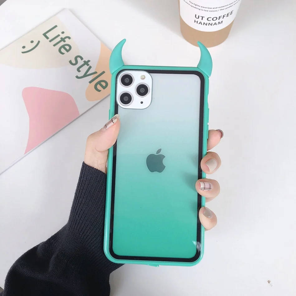 green Чехол для iPhone 11 Pro Max, чехол для iPhone XR XS Max, милый 3D чехол с рогом дьявола для iPhone 7, 6s, 8 Plus, зеркальный карамельный чехол для телефона - Цвет: green