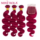 Miss Rola, бразильские волнистые волосы, 100% человеческие волосы, плетение, 3 пряди, с 4*4 закрытием, бордовый, Омбре, Remy, пряди с закрытием