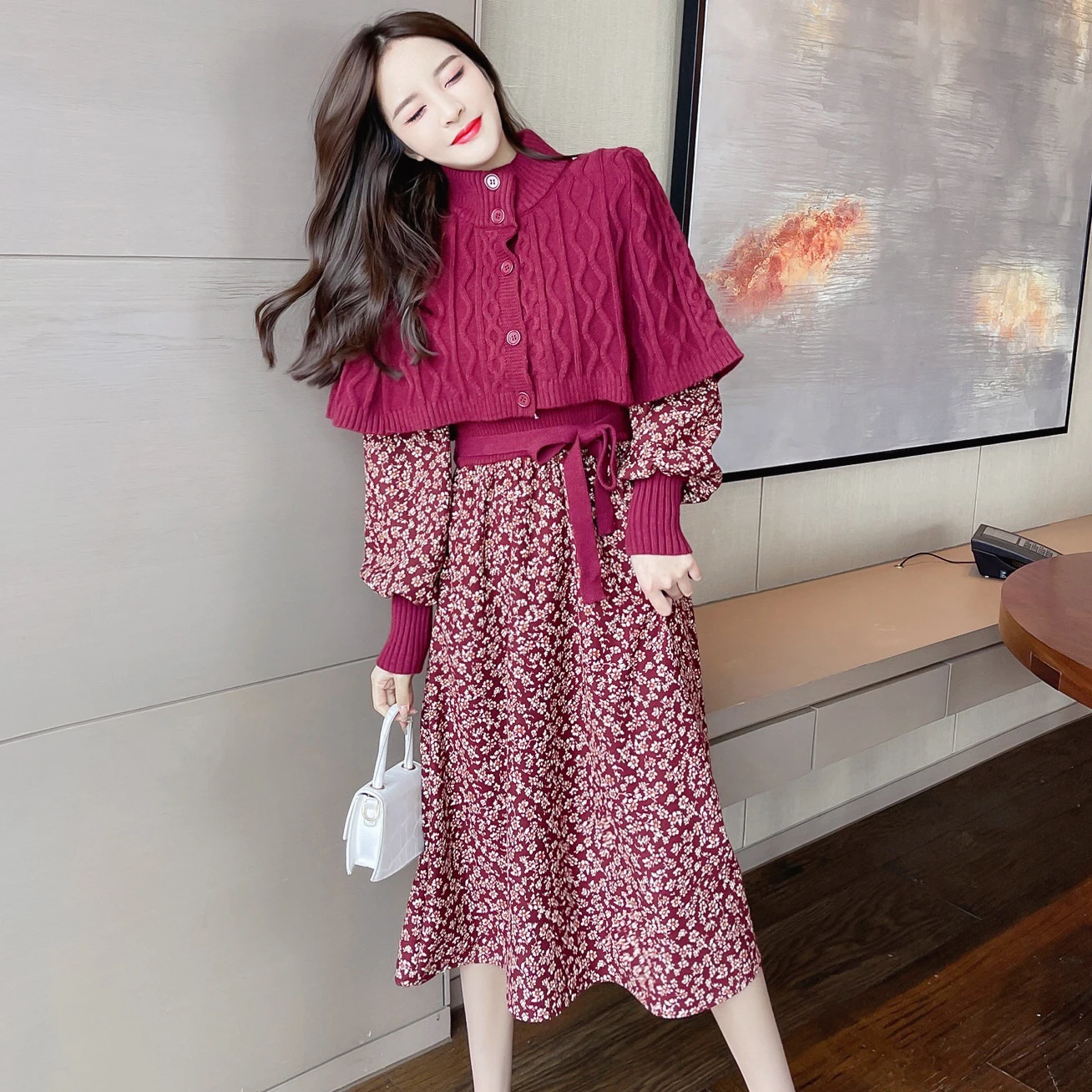 

Retro New Knitted Patchwork Floral Printed Dresses+Short Knitted Cloak Shawl Temperament Two Piece Set Women Fashion Streetwear