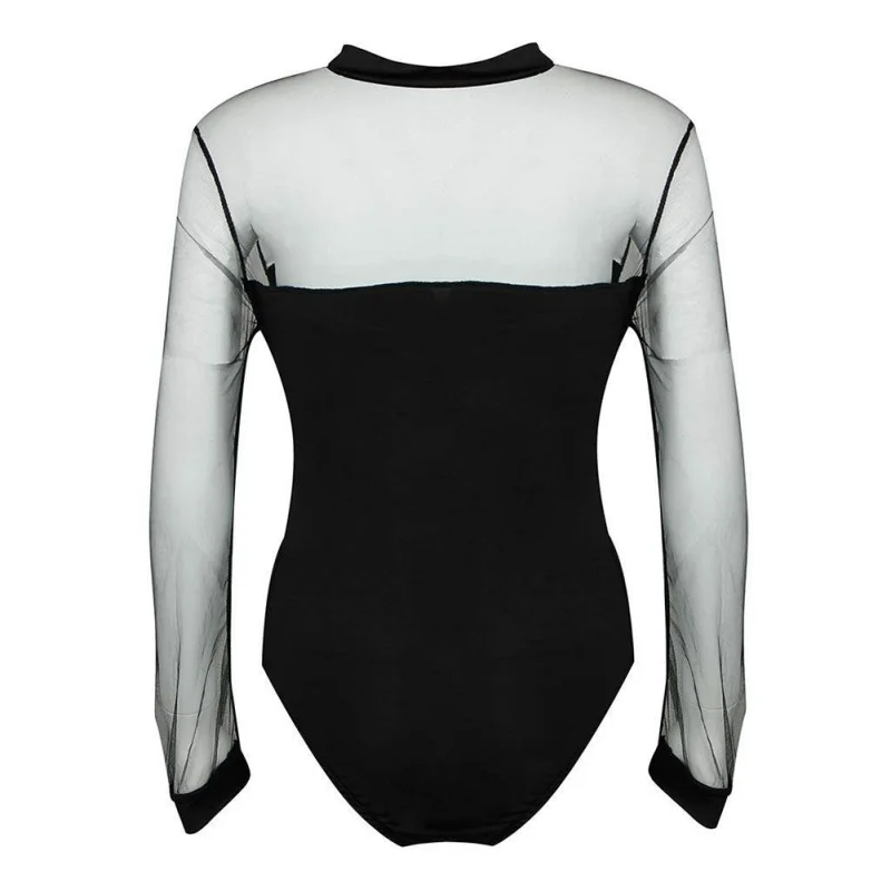 

New 2019 sexy Bodysuit Women Sexy bow Mock collar Long SleeveTransparent tops Ladies solid Bodysuit Body Tops overalls