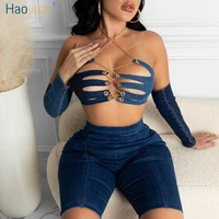 haoyuan sexy blue denim metal chain bandage crop top with sleeves club women wrap y2k rave outfit festival clothing tube tanks