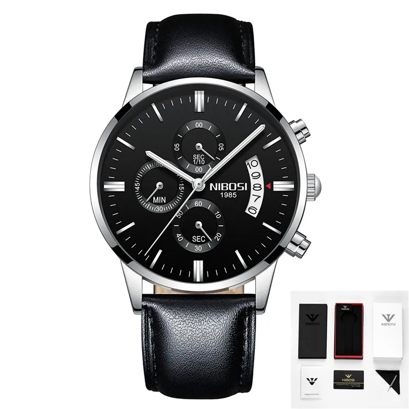 15 with box NIBOSI часы Relogio Masculino люксовый бренд Мужские Хронограф деловые Часы мужские стальные кожаные водонепроницаемые кварцевые наручные часы - Цвет: 15 with box
