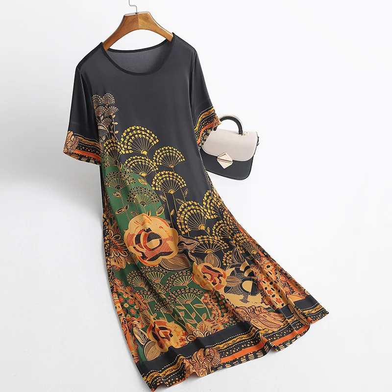 

2021 Women Spring Summer Silk Vintage Floral Dress Lady Plus Size Loose O-neck Pleated Vestidos Female Casual A-line Dresses K13