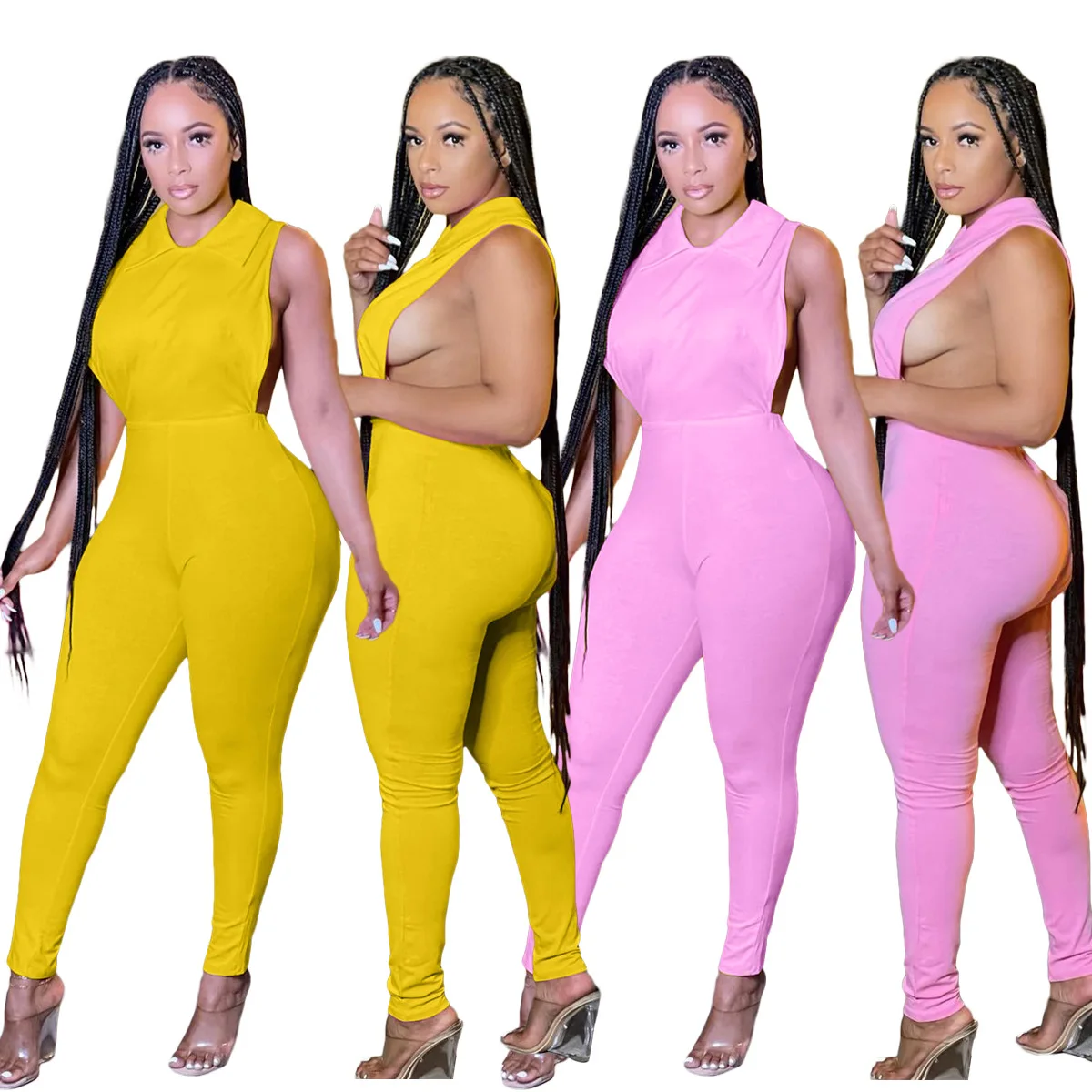 

RStylish Women 2021 Summer Playsuit Solid Color Sleeveless O Neck Back Zipper Side Hollow One Piece Romper Party Club Jumpsuits