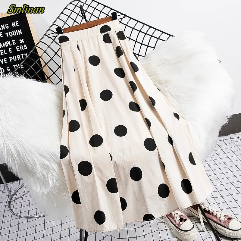 

Smlinan Women Vintage Polka Dot Skirt Summer New Fashion Elastic High Waist A Line Boho Skirts Harajuku Casual Office Long Skirt