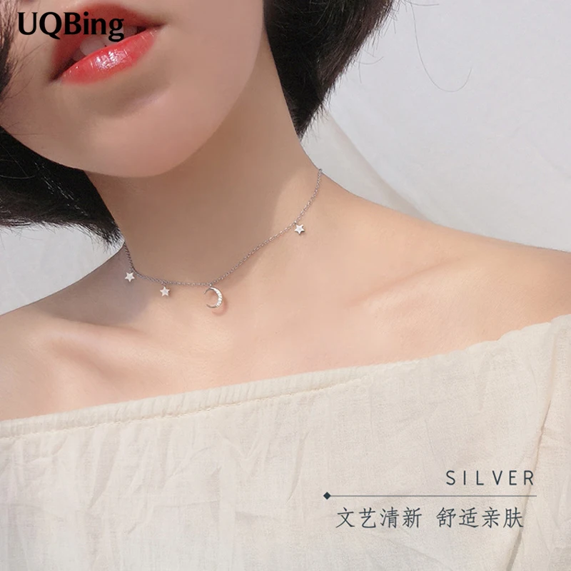 

925 Sterling Silver Pendants&Necklaces Pure Sterling Silver 925 Chain Moon Star Necklace Jewelry Collar Colar de Plata