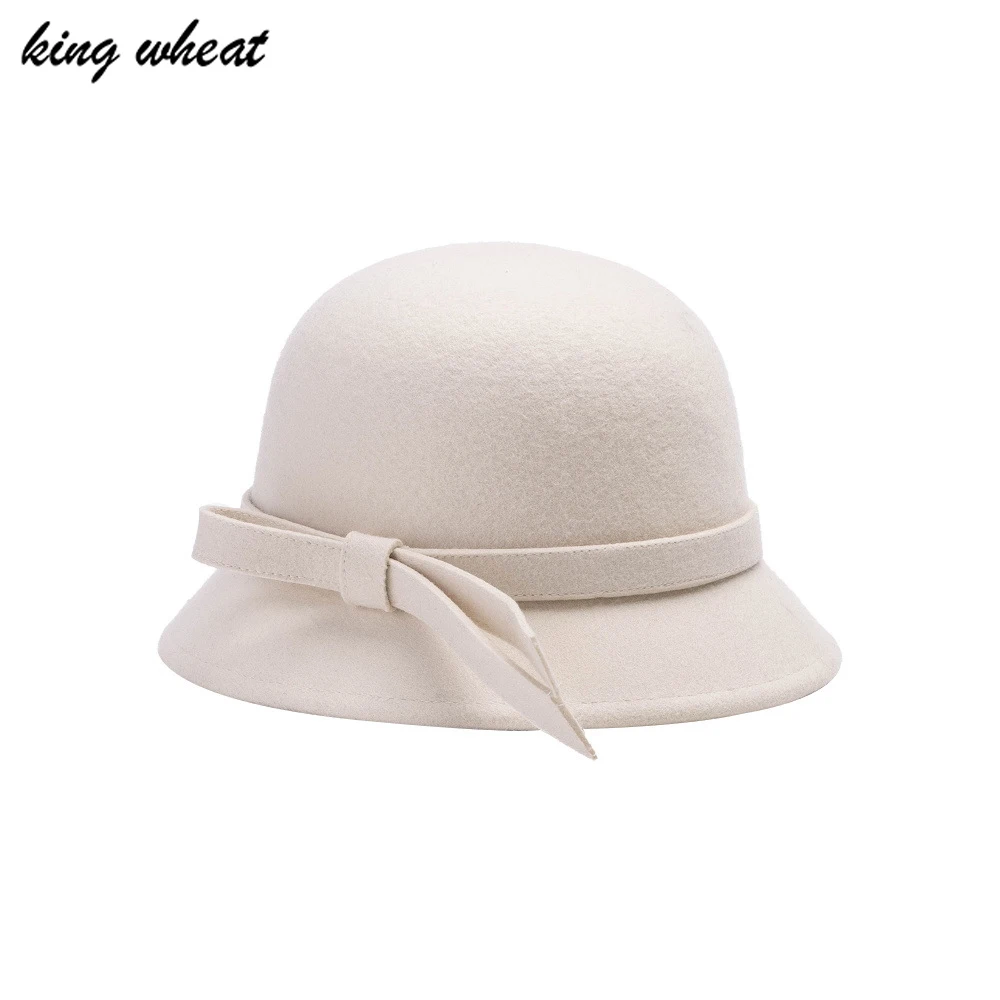 King Wheat Winter Warm Bow Retro British Style Wool Wedding White Women Fedora Fashion Outdoor Casual Lady Hat Stage Felt Cap