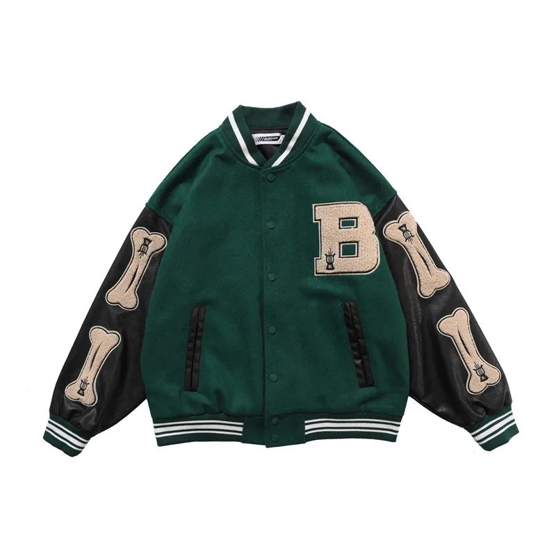 

Hip Hop Baseball Jacket Men Furry Bone Letter Patch Color Leather Sleeve College Style Streetwear Harajuku Bomber Jacket Coat
