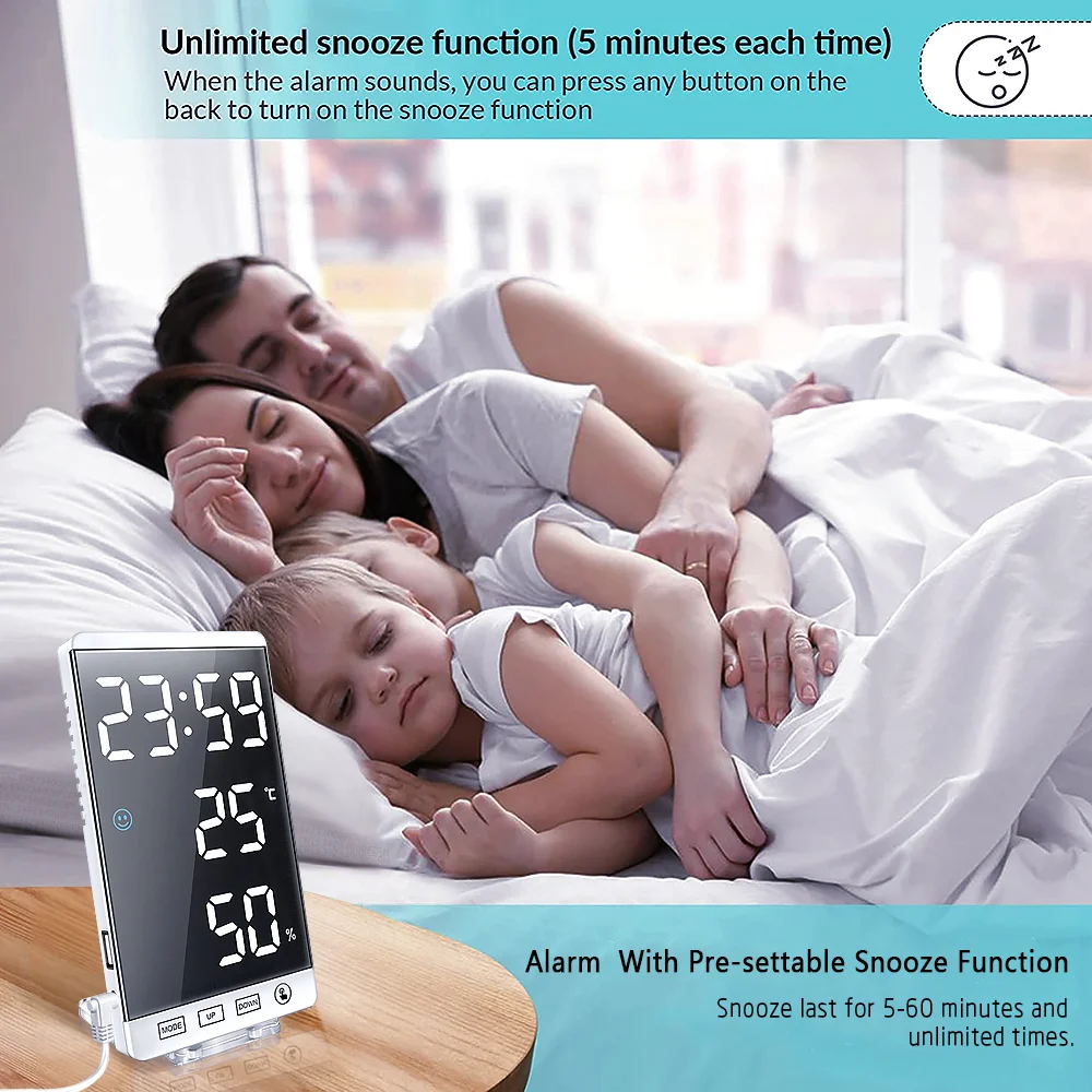 6 Inch LED Mirror Alarm Clock Touch Button Wall Digital Clock Time Temperature Humidity Display USB Output Port Table Clock images - 6
