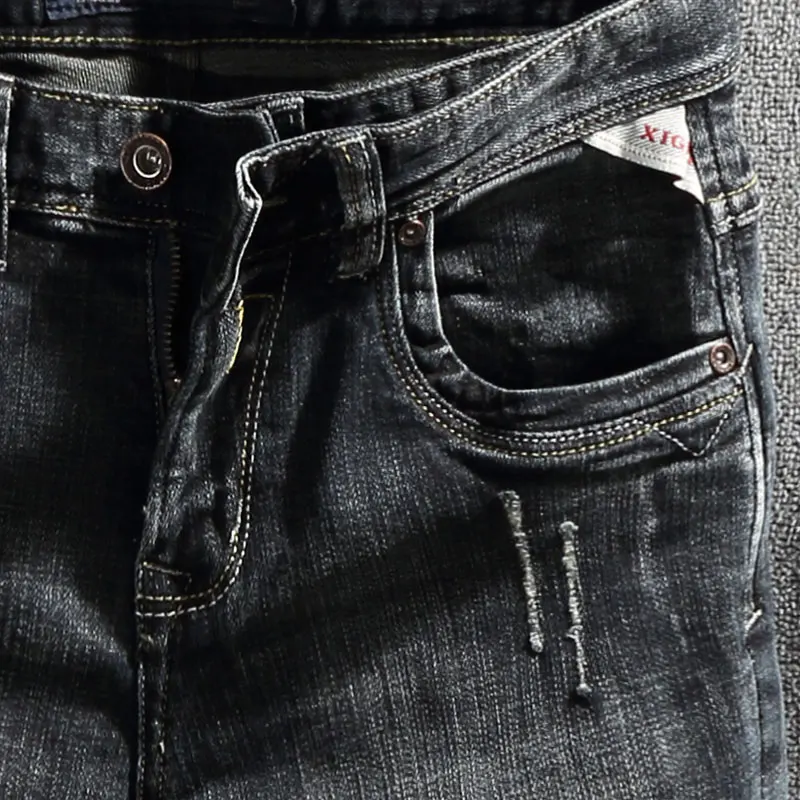 European Street Fashion Men Jeans Retro Black Gray Elastic Slim Fit Ripped Jeans Men Vintage Designer Scratch Casual Denim Pants