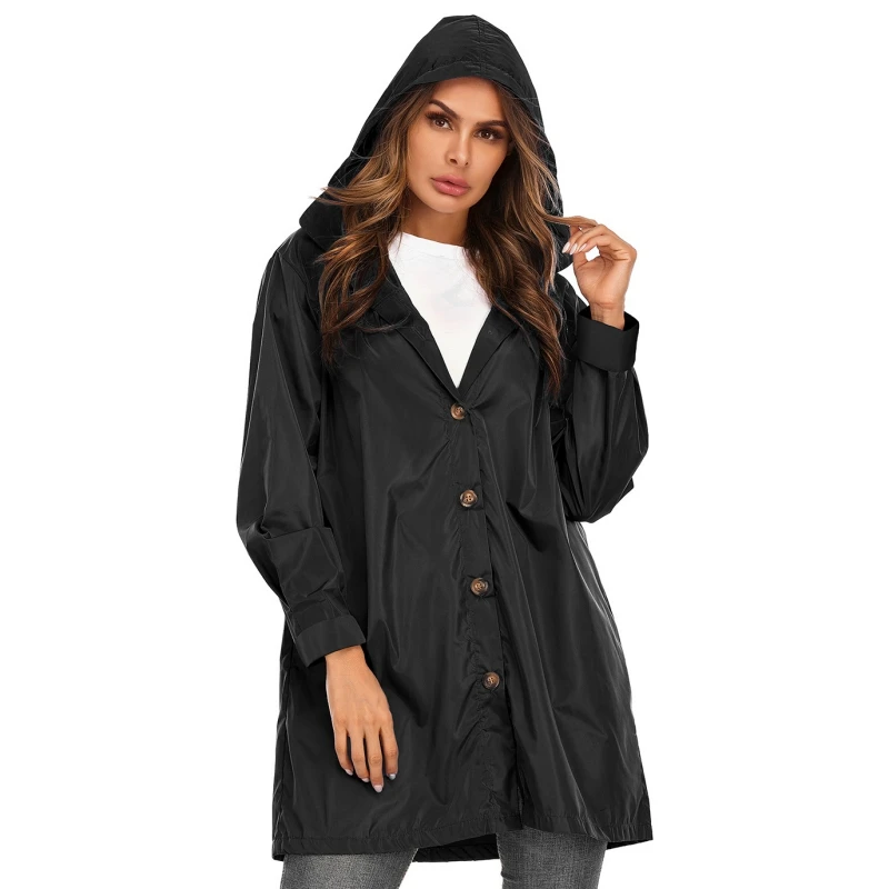 

Fashion Women Trench Warm Coat Jacket Buttons Raincoat Hooded Casual Windproof Waterproof Long Sleeve Outerwear