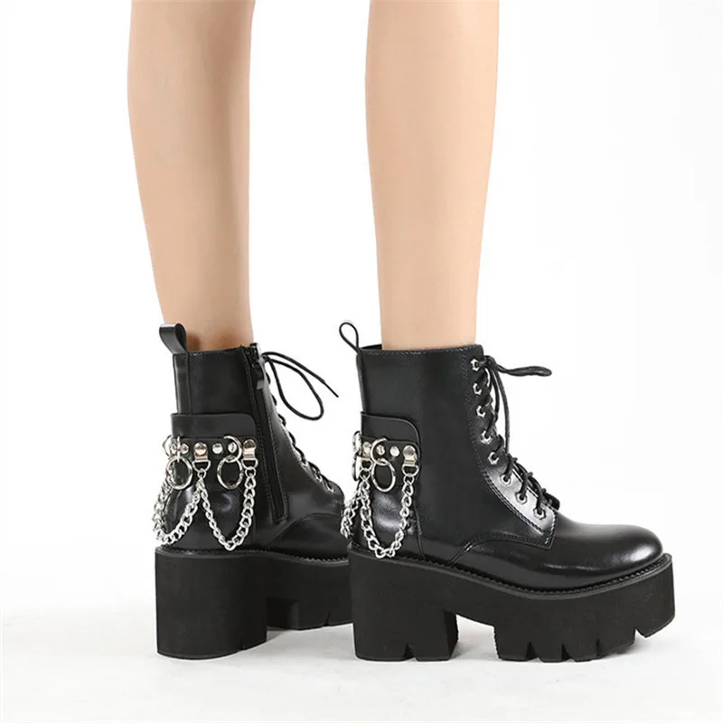 PXELENA Cool Girls Street Women Metal Chain Motorcycle Biker Combat Gothic Ankle Boots Plus Size 34-43 Spring Fall Punk Shoes | Обувь
