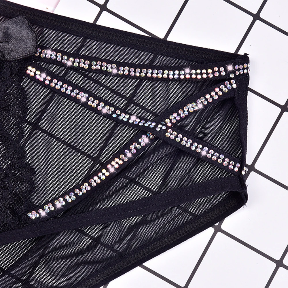 

Shiny Rhinestone Lace Sexy Underwear For Women Mesh Belt Transparent Hollow Out Panties Bow Seamless Flower Briefs Lingerie