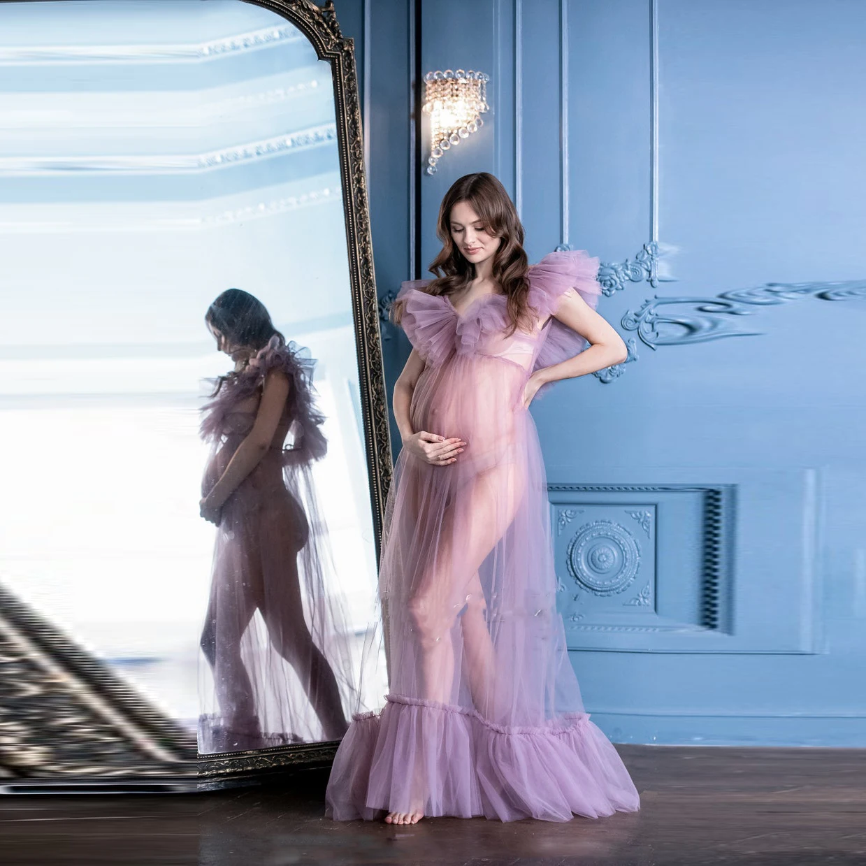 

2022 New Tulle Maternity Dress For Photo Shoot V Neck Transparent Maternity Gown Ruffles Pregnancy Dresses Floor Length