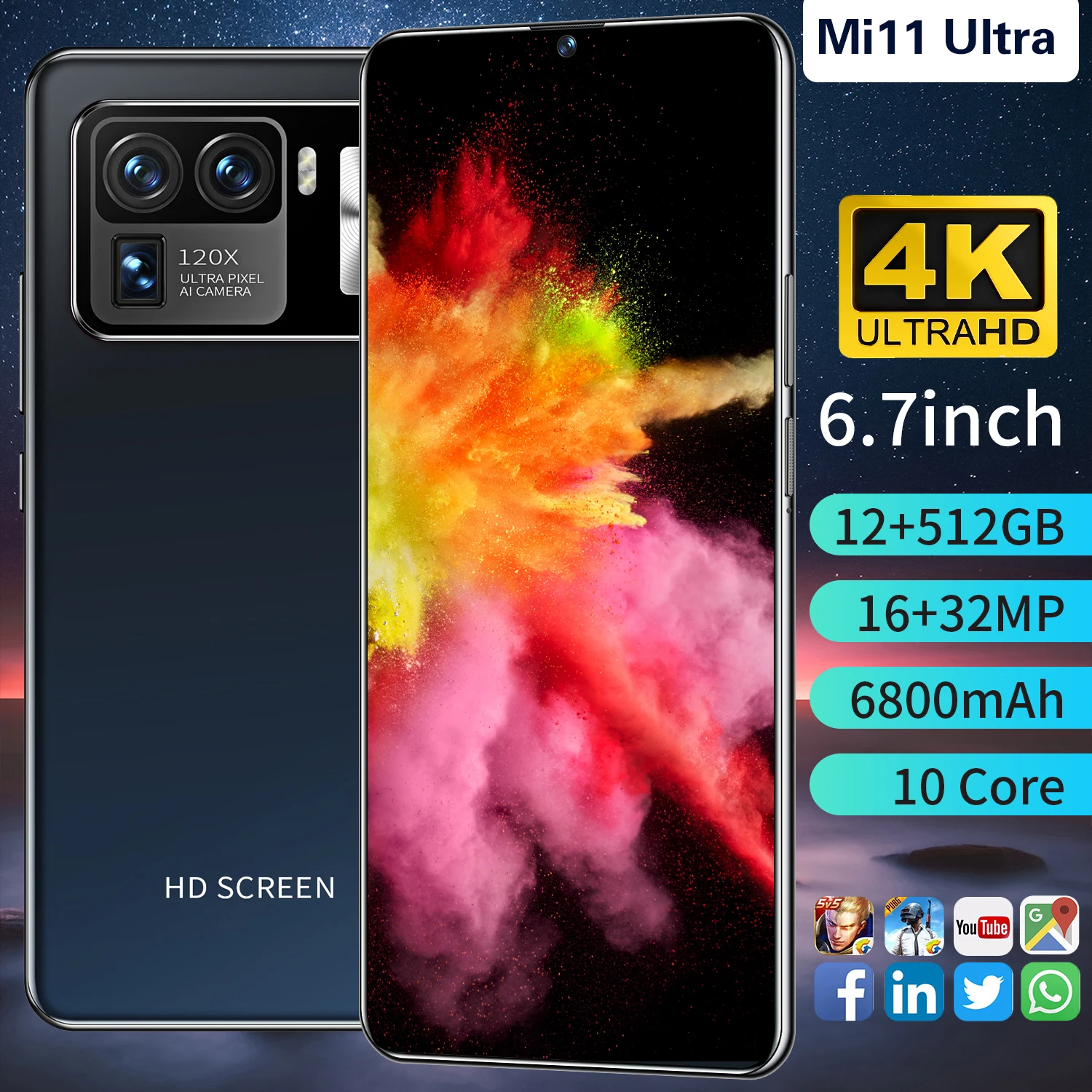 

Global Version 6.7inch Mi 11 Ultra Smartphones 8+256G 6800mAh 16+32MP Face Unlock Water Drop Screen Android 5G Mobile Phone