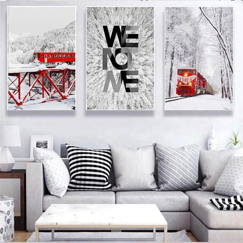 

Nordic Canvas Painting Snowy Forest Red Train Landscape Modern Wall Picture Winter Scenery Home Decor For Living Room Bedroom