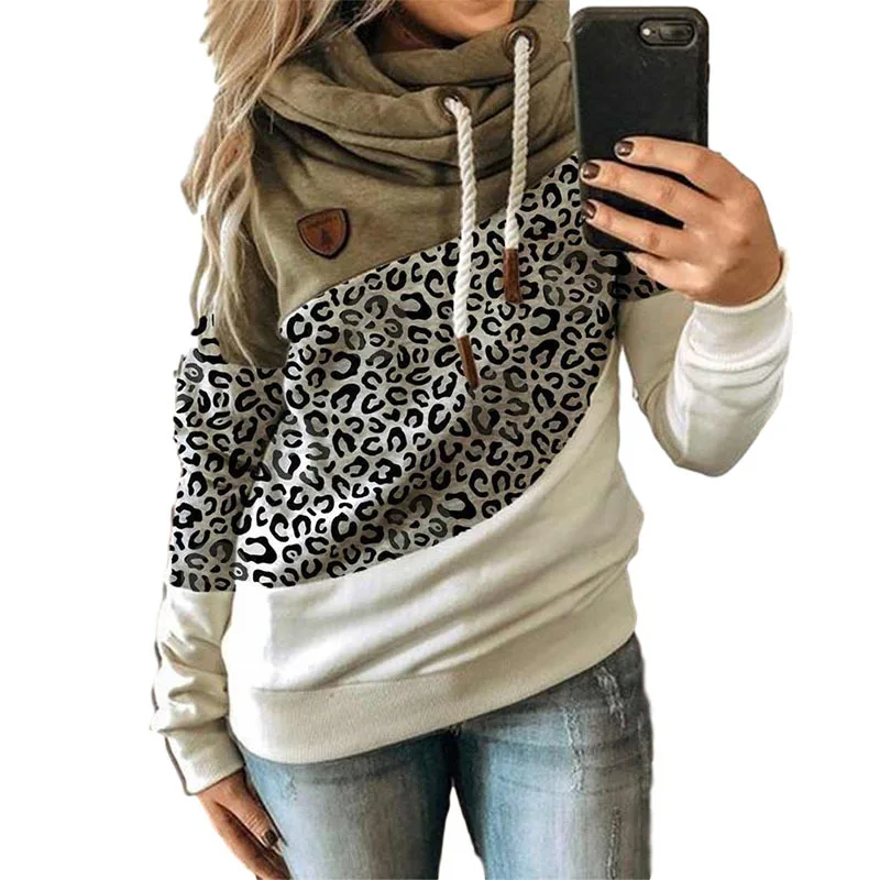 

Women Patchwork Hooded Sweatshirt Autumn Winter Leopard Print Harajuku Drawstring Hoodie Casual Long Sleeve Pullover Tops Female