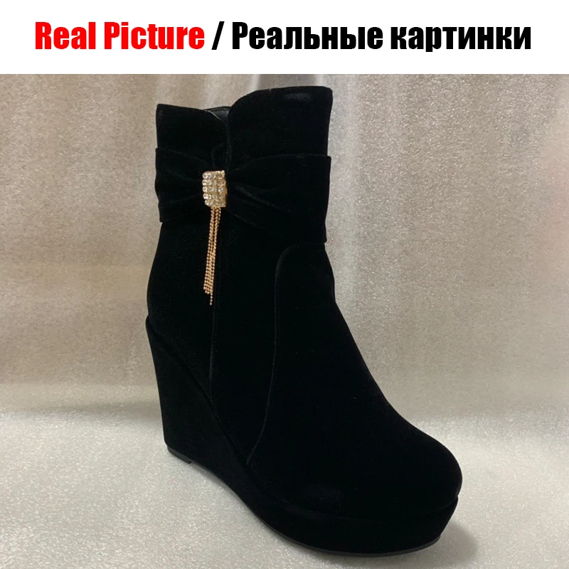 BONJOMARISA/Новые модные женские ботильоны из флока, украшенные стразами, на танкетке, на высоком каблуке; женские ботинки на платформе; женская обувь