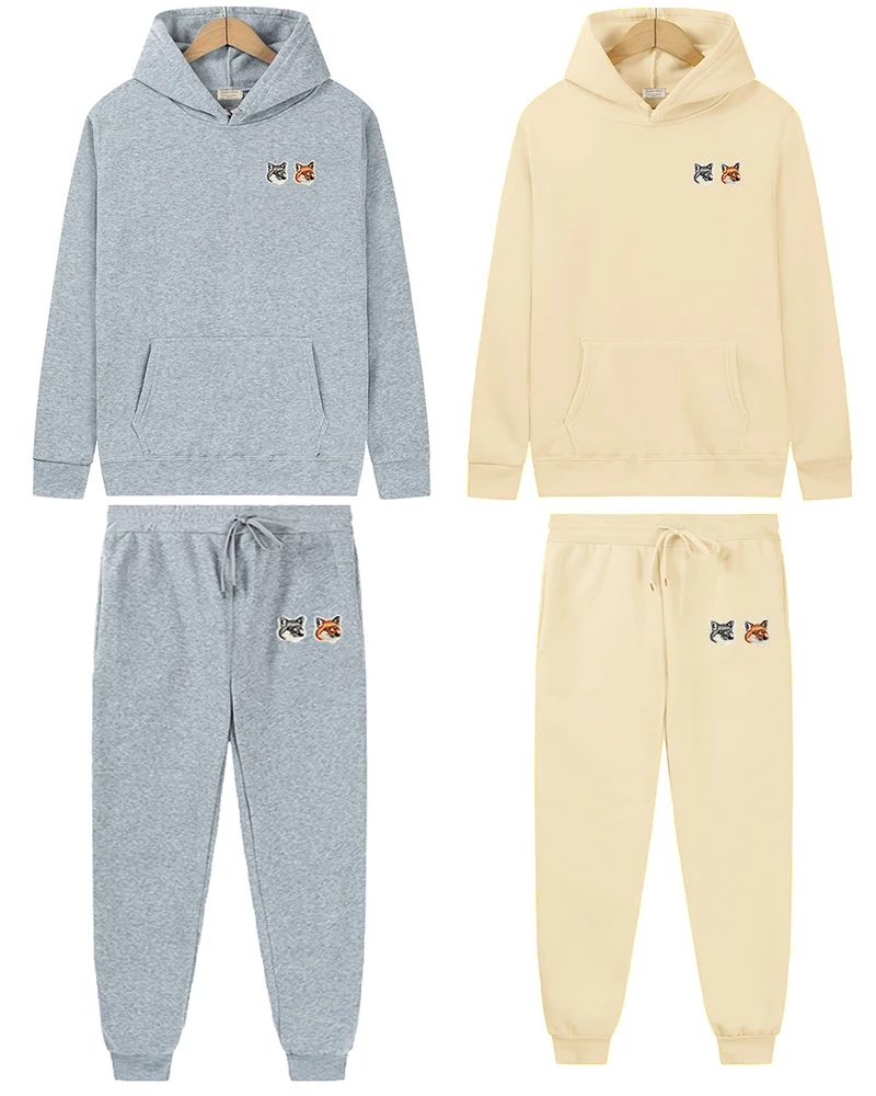 

Мужская и женская спортивная одежда с вышивкой Little fox на осень и зиму, флисовая толстовка из двух предметов, тёплая флисовая толстовка