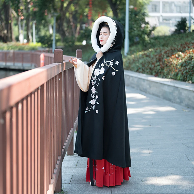 

New Female Hanfu Costumes Chinese Traditional Ancient Winter Cape Red/Apricot/Black Hanfu Cloak Classical Dance Stage Coat VO430