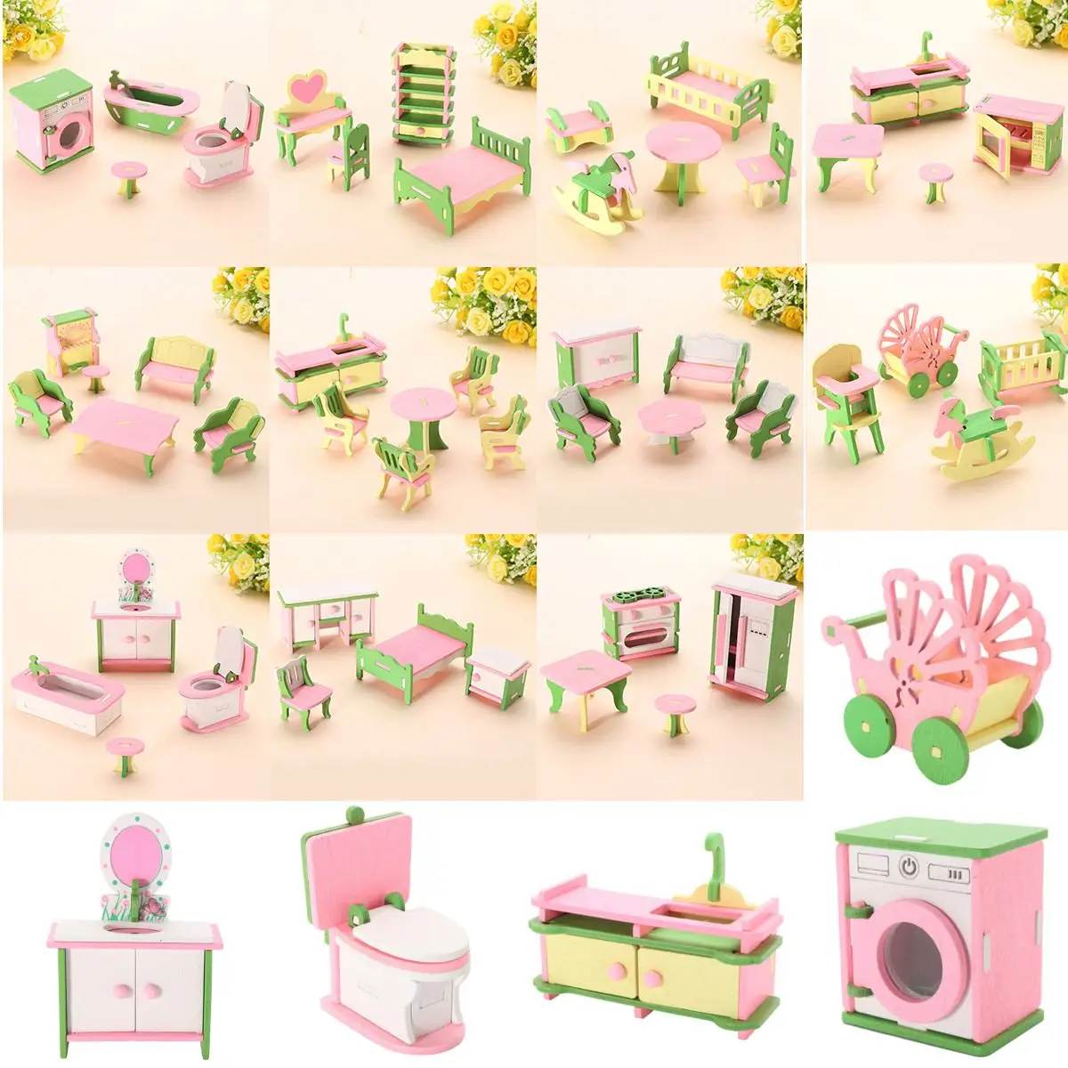 

3D Dolls House Set Miniature House Kids Child Pretend Play Building Blocks Edutation Sets Baby Wooden Dolls Furniture