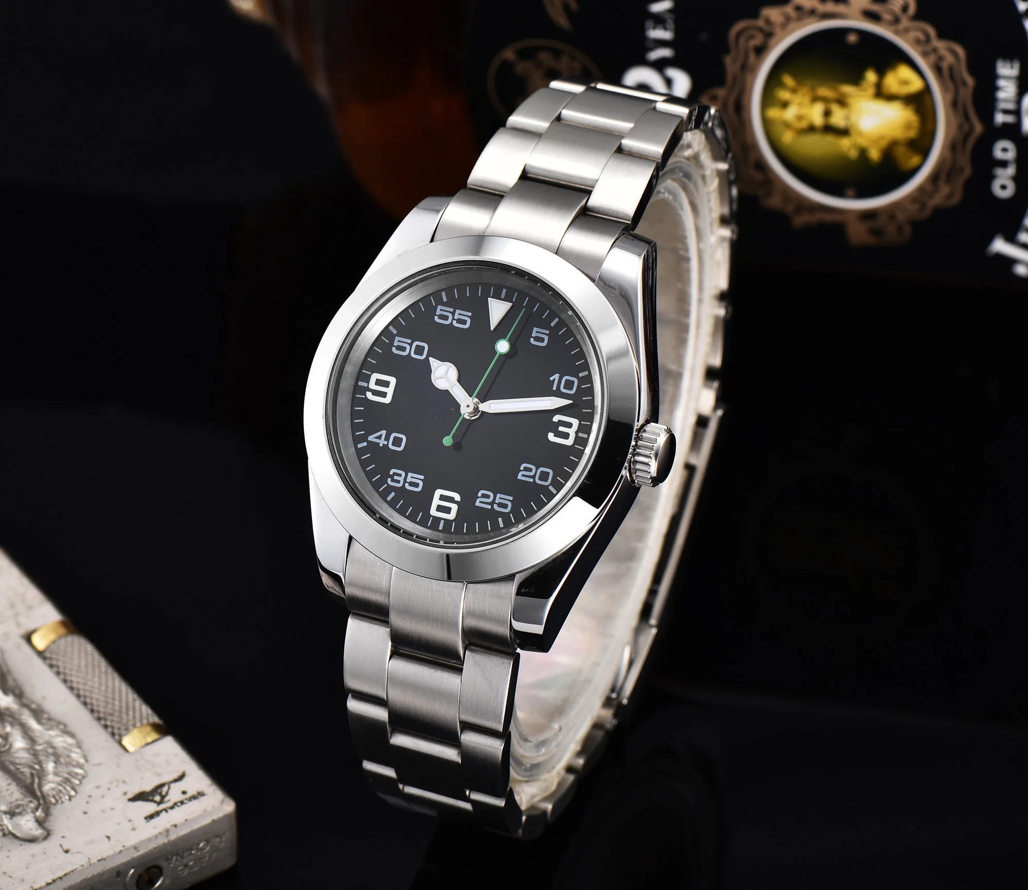 Мужские часы AIK 40 мм черный циферблат автоматический механизм твердая задняя