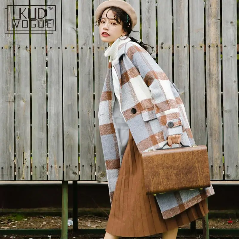 Женский кашемировый Тренч Повседневная Длинная клетчатая куртка с отложным