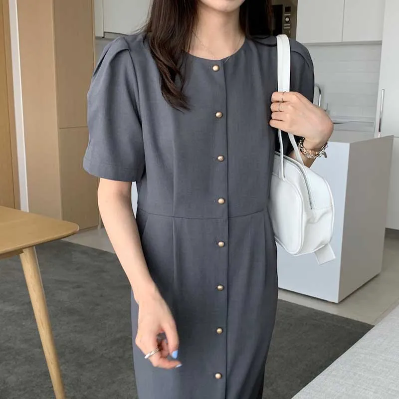 

Vintage Ladies Single-Breasted Dress Korean Elegant Office Party Summer Dress 2021 One-Piece Fashion New Women Dress Midi Dress
