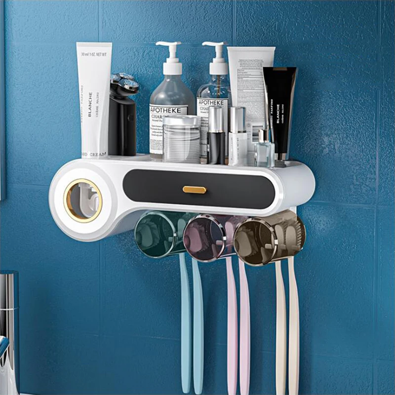 

New Toothbrush Holder Wall Mounted Multifunctional With Cups Toothpaste Squeezer Bathroom Accessories