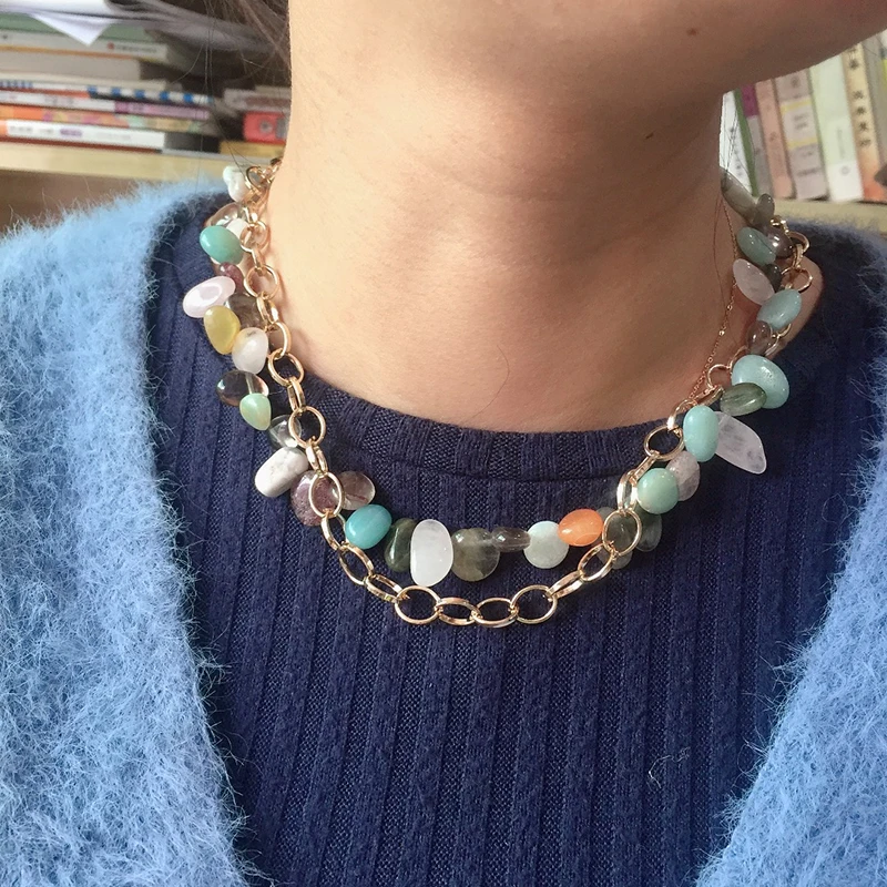 bohemian boho Vintage natural crystal stone beads Statement Gold Color Choker Metal Long Chain Necklace for Women Jewelry Gifts | Украшения