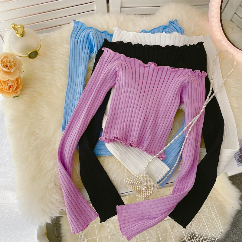 

A166 Women New Fashion Sexy Slash Neck Knitwear Long-sleeved Autumn Korean Thin Solid Color Short Sweater