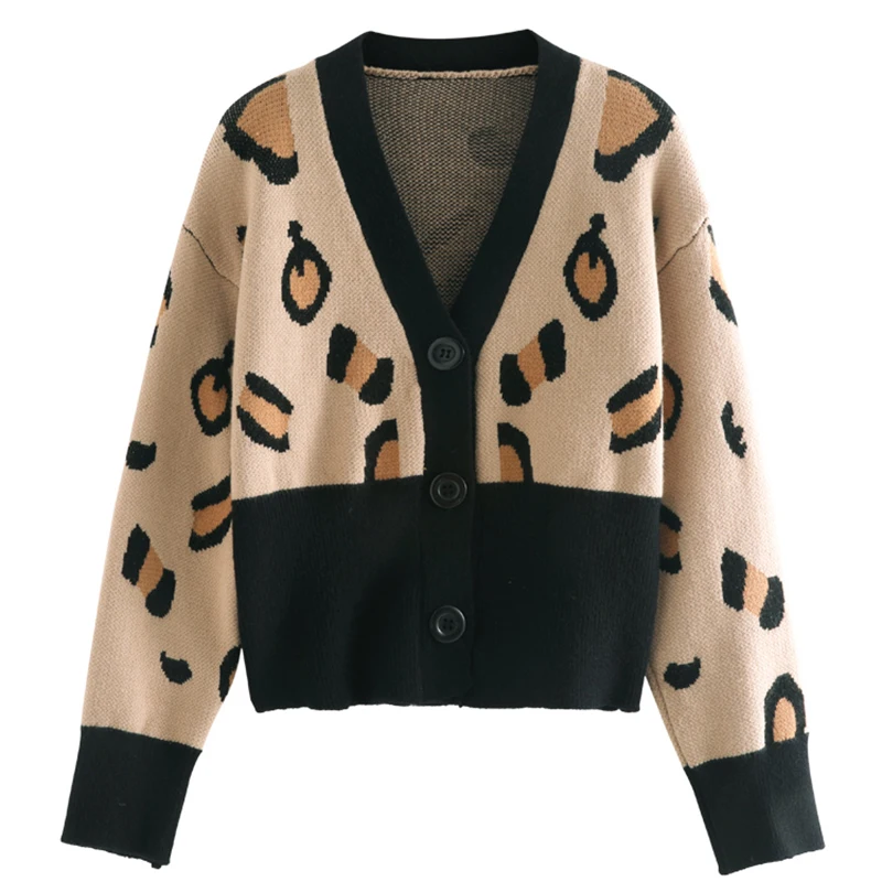 

PERHAPS U V-neck Leopard Cardigan Splicing Sweater M3005