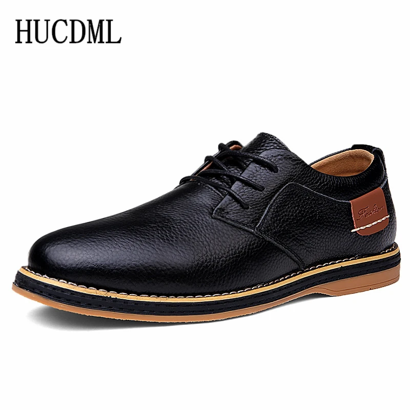 

HUCDML Genuine leather men's shoes Solid black blue brown big size 39-48 mens loafers flat casual shoes