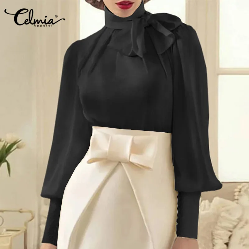 

2022 Fashion Women Tops Celmia Elegant Lantern Sleeve Blouses Bow Tie Lace Shirts Casual Blouse Office Party Blusas Femininas