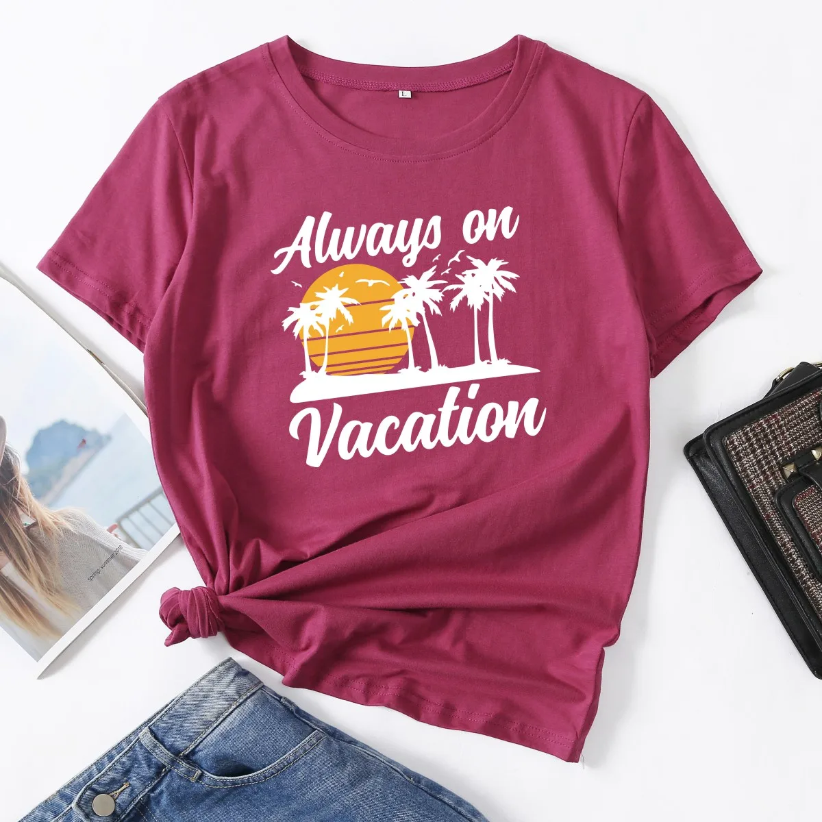 

Always on Vacation Sunset Beach Tree Woman T-Shirt Short Sleeve T-Shirts Summer Tops for Women Cotton Graphic Tee Female Shirt
