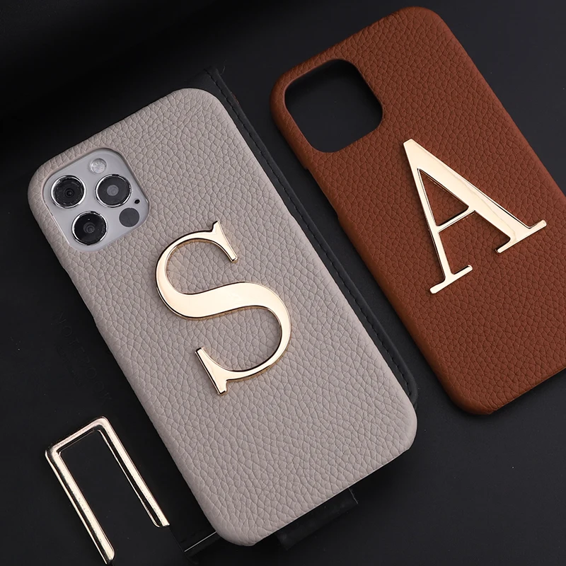 Luxury Custom Initials Name A-Z Phone Case For iPhone 11 12 13Pro Max XR XS 7 8P Personalise Genuine Leather Metal Letter Funda