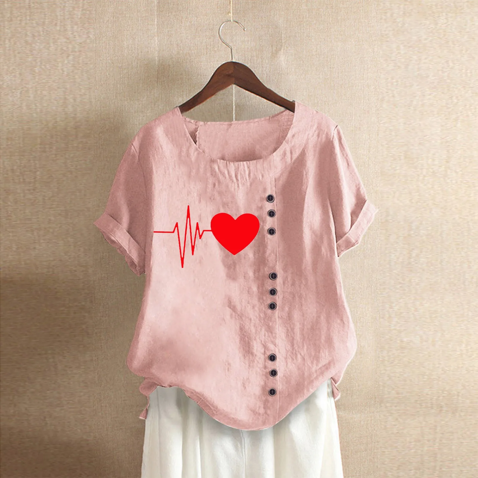 

Casual Short Sleeve Tshirts Female O Neck Top Plus Size Loose Button Heart Print Woman Tshirts Summer Clothes For Women