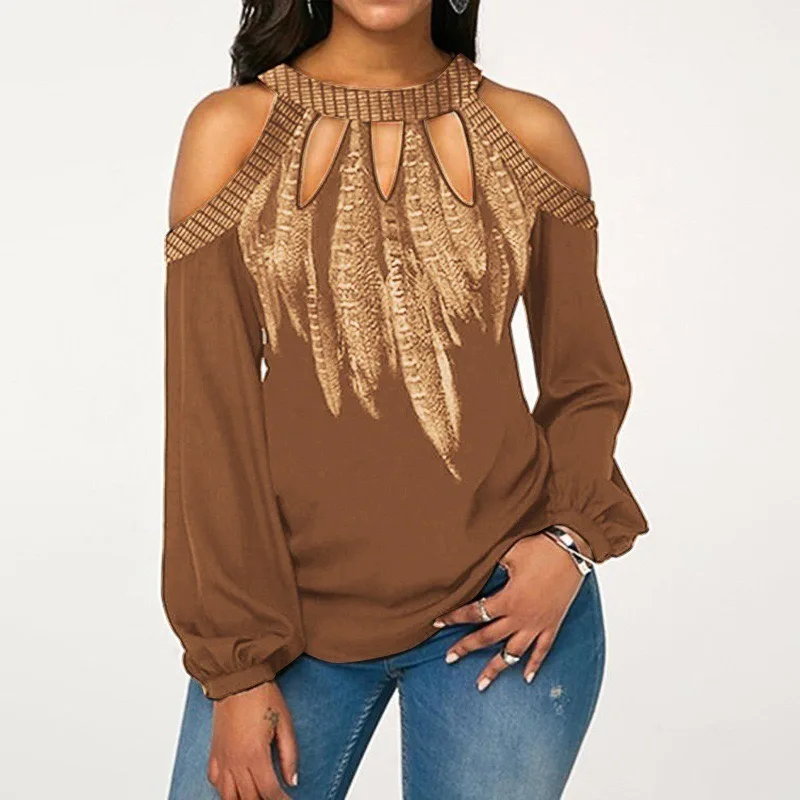 

Autumn and winter new women's feather print shirt long-sleeved sexy strapless chiffon shirt